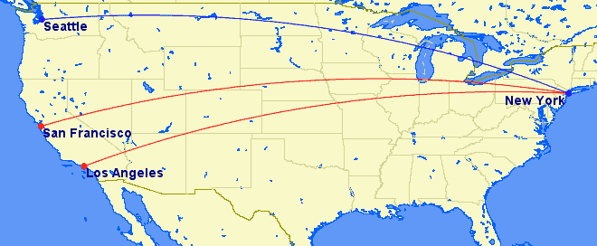 All three airlines compete in San Francisco and Los Angeles. Only Delta flies between Seattle and JFK with flat beds.