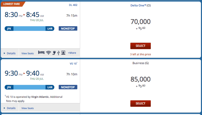 The 70k flight is operated by Delta. The 85k flight is operated by Virgin Atlantic.