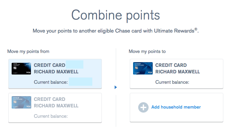 This screenshot is just for the sake of having an example--you wouldn't actually want to move points from your Sapphire Reserve to you Sapphire Preferred as they are worth more as Reserve points. All of my father's points are already in his Sapphire Reserve account, which is why Chase is only giving the option to transfer to Sapphire Preferred.